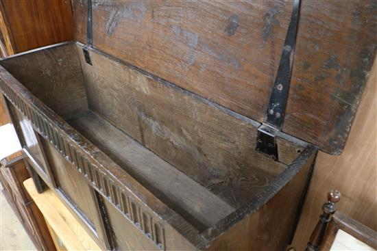 A 17th century inlaid oak coffer, circa 1660 W.121cm